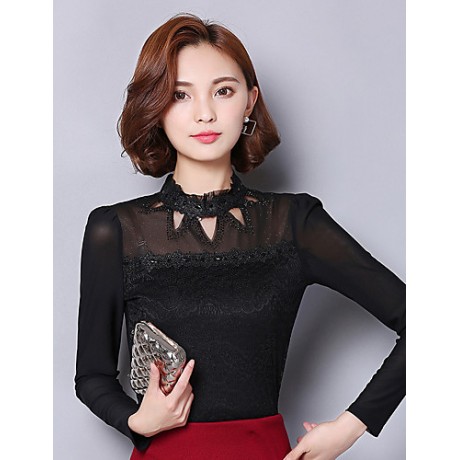 Spring Fall Women's Going out Fashion Wild Casual Solid Color Patchwork Stand Long Sleeve Blouse