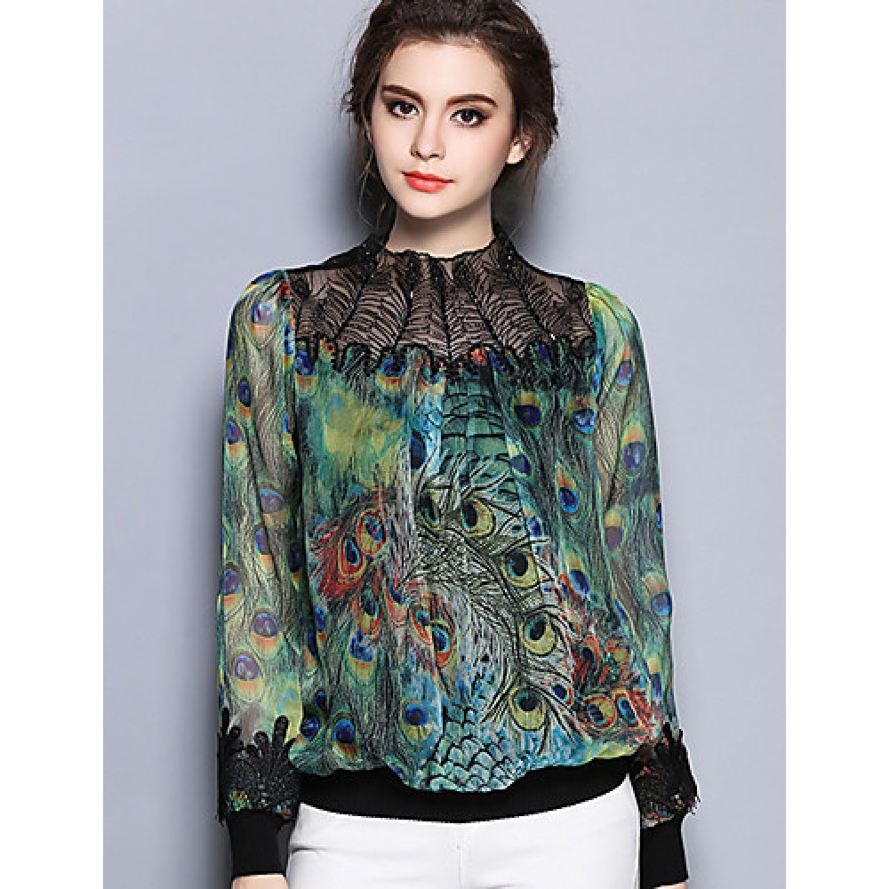 Women's Going out Vintage Spring BlousePrint Crew Neck Long Sleeve Green Cotton / Polyester Thin