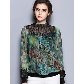 Women's Going out Vintage Spring BlousePrint Crew Neck Long Sleeve Green Cotton / Polyester Thin