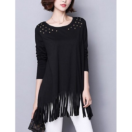 Women's Casual/Daily / Plus Size Street chic Fall T-shirt,Solid Round Neck Long Sleeve Black Cotton Medium