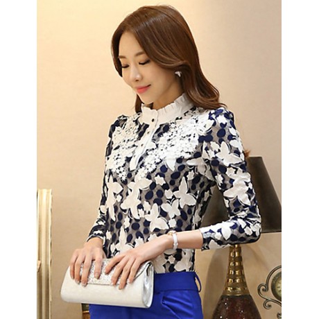 Women's Stand Collar Print Ruffle Side Lace Tulle Stitching Plus Size Chiffon Blouse/Shirt