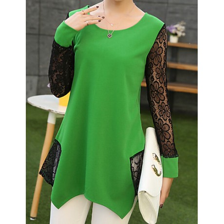 Women's Patchwork / Lace Blue / Black / Green Blouse , Round Neck Long Sleeve Plus Size