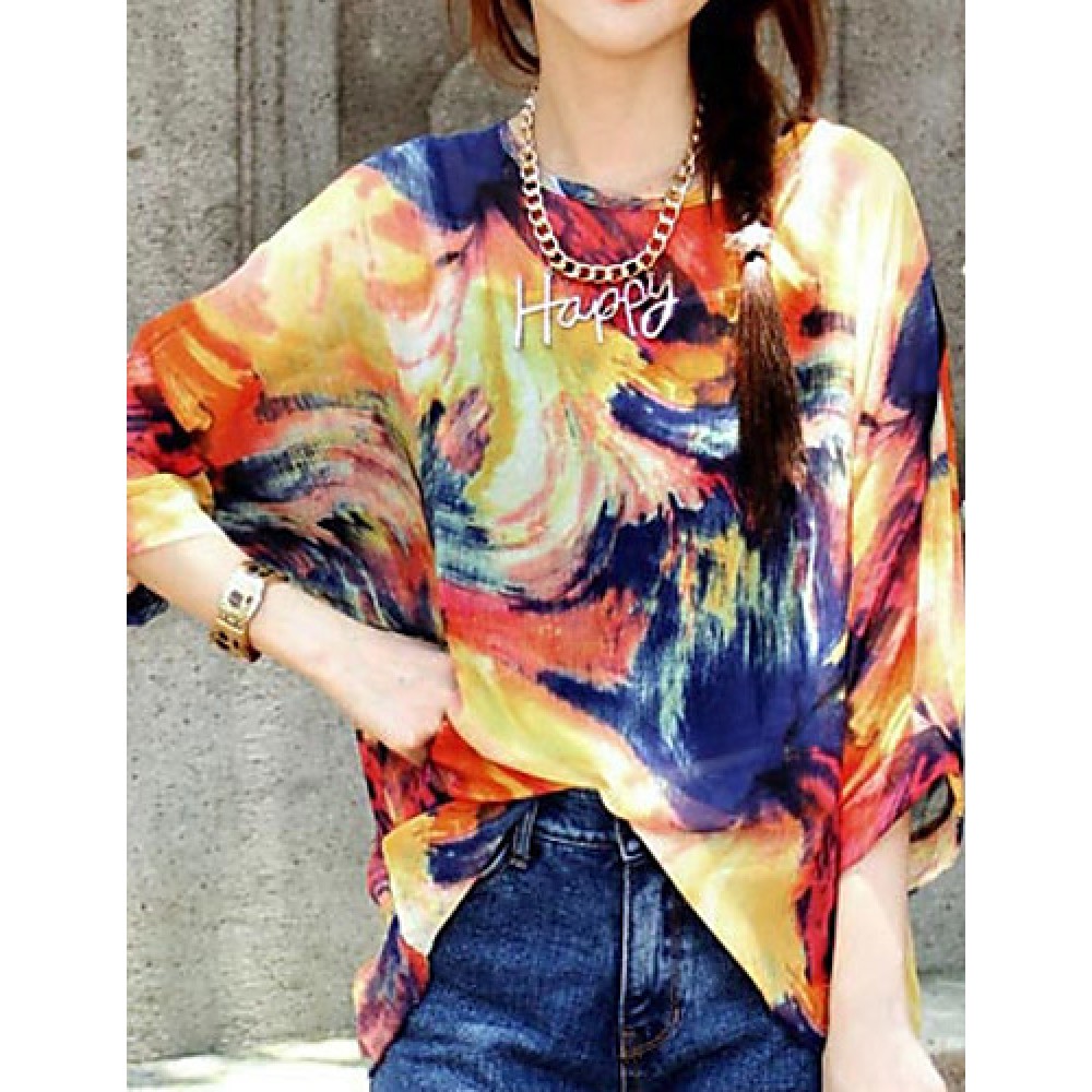 Women's Casual/Daily Boho Summer Blouse,Print Round Neck ? Sleeve Orange Polyester Thin