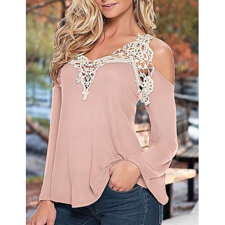 Women's Patchwork Lace Strap Off-The-Shoulder All Match Loose Casual V Neck Long Sleeve Plus Size T-shirt