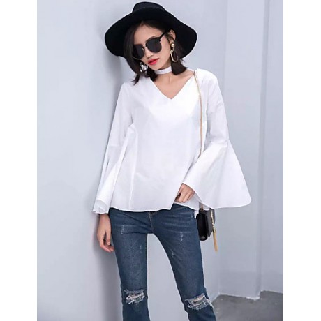 Women's Flare Sleeve Solid White / Black Loose Thin Blouse,Plus Size V Neck Long Sleeve