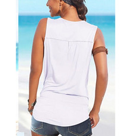 Women's Beach Sexy / Boho T-shirt,Solid Deep V Sleeveless White / Black / Brown Polyester Thin