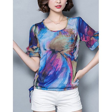 Women's Casual/Daily Vintage / Boho Summer Blouse,Print Round Neck Short Sleeve Red / Purple Polyester Thin