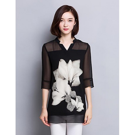 Women's Casual/Daily Plus Size / Street chic Summer Blouse,Floral V Neck ? Sleeve Black Polyester Thin