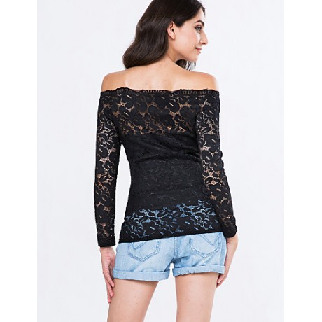 Women's Vogue Lace Bateau Long Sleeve Hollow Out Lace T-shirt