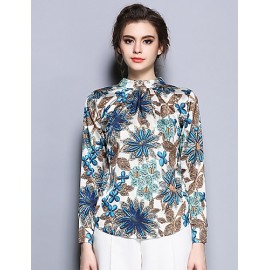 Women's Going out Vintage Spring BlousePrint Stand Long Sleeve Blue Cotton / Polyester Thin