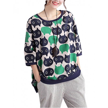 Women's Casual/Daily Cute / Street chic Spring / Fall T-shirt Print Round NeckSleeve Green Cotton / Linen Medium