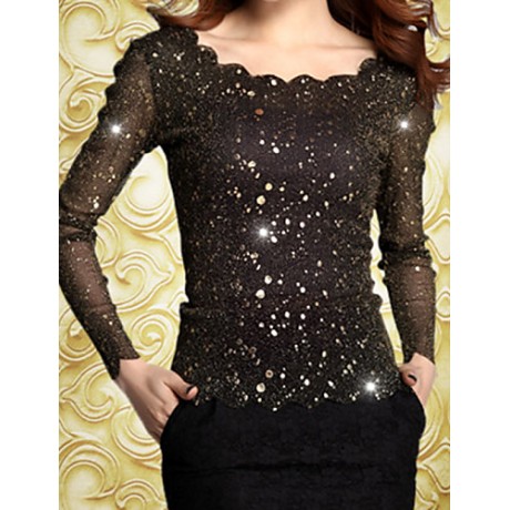 Women's Lace BlueBlack Blouse , Round NeckAsymmetrical Long Sleeve