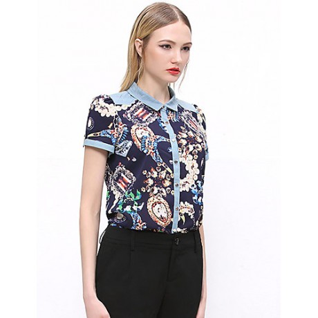 Women's Going out Vintage Summer ShirtPrint Shirt Collar Short Sleeve Blue / Green Cotton / Polyester Opaque