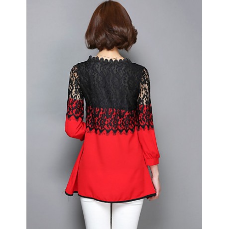 Women's Patchwork Pink / Red / Black Long section Blouse,Casual Lace Cut Out Fashion Round Neck ? Sleeve Polyester/Nylon