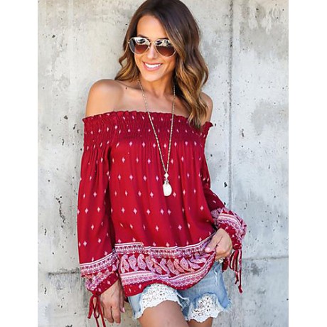 Women's Casual/Daily Sexy / Street chic Backless Bandage Spring / Fall T-shirt Print Boat Neck Long Sleeve Red