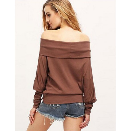 Women's Casual Fall / Winter T-shirt Solid Off Shoulder Long Sleeve White / Brown Shirt