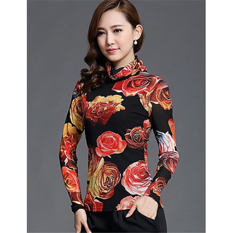 Spring/Fall Women's Casual/Daily Tops Turtleneck Long Sleeve Fashion Floral Printing Gauze Blouse Shirt