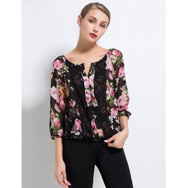 Women's Work Boho Summer Blouse,Patchwork V Neck ? Sleeve Black Cotton Thin