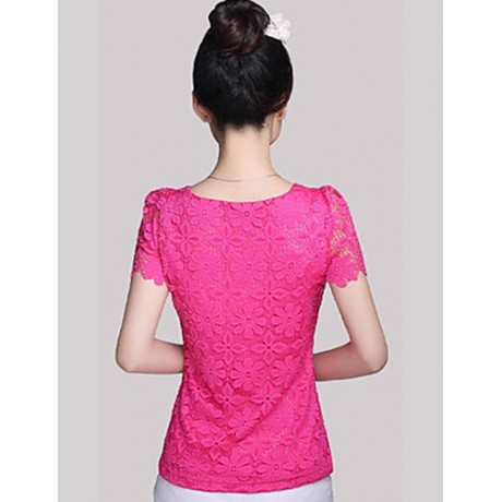 Summer Plus Size Women Solid Color Round Neck Short Sleeve Lace Blouse Slim Was Thin T-shirt Tops