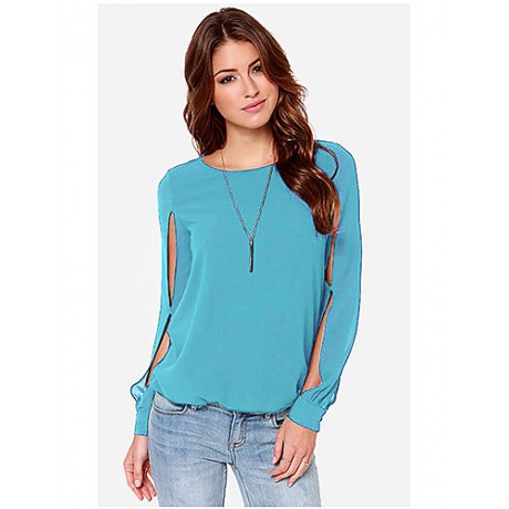 Sexy All Seasons Blouse,Solid Round Neck Long Sleeve Blue / Pink Polyester Thin