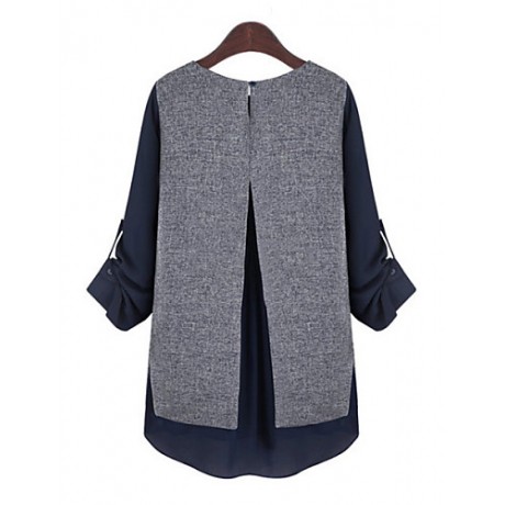 Women's Plus Size Round Neck Long Sleeve Patchwork / Color False Two-Piece Blouse