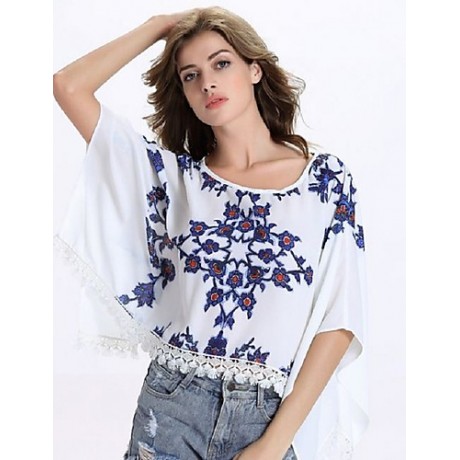 Women's Causal Loose Print Round Neck Lace Big Sleeve Blouse