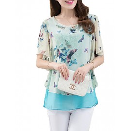 Women's Going out Simple / Street chic Blouse,Floral Round Neck Short Sleeve Blue / Pink Polyester Thin