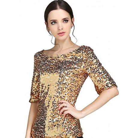 Women's Solid Gold Sequins Club Casual Street chic Plus Size All Match T-shirt,Round Neck ? Length Sleeve