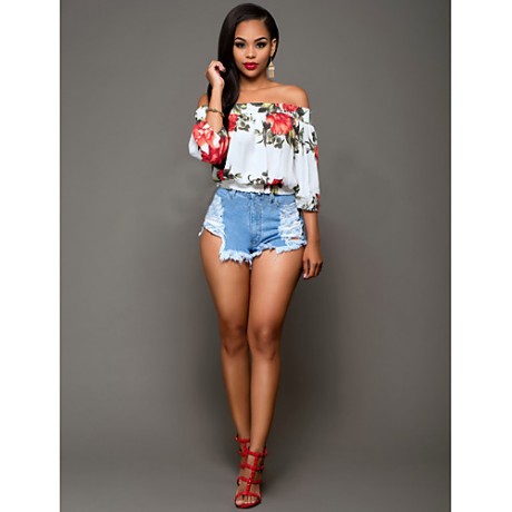 Women's Sexy Simple Boat Neck Off Shoulder Floral Print Summer Blouse