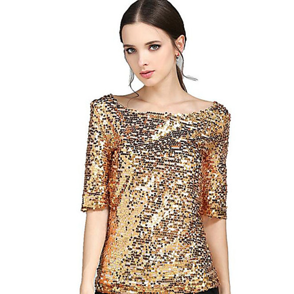 Women's Solid Gold Sequins Club Casual Street chic Plus Size All Match T-shirt,Round Neck ? Length Sleeve