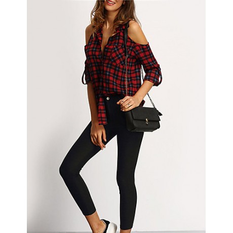 Women's Going out / Casual/Daily Sexy / Street chic Off-The-Shoulder Shirt Plaid Shirt Collar Long Sleeve