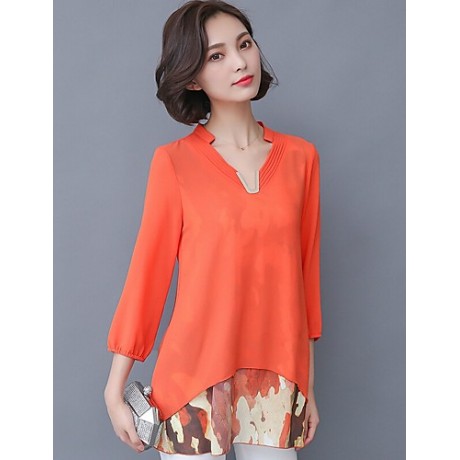 Women's Print Blue / Green / Orange Blouse,V Neck ? Sleeve