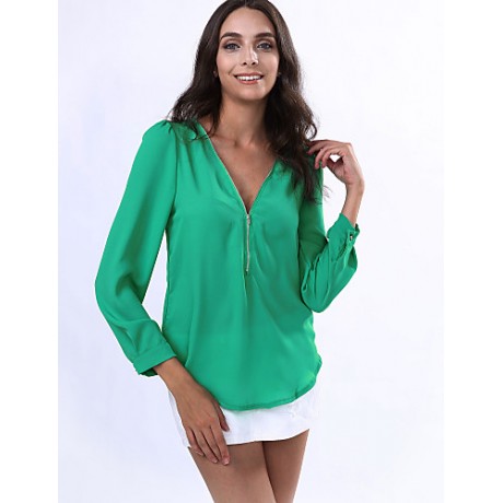 Women‘s V Neck Long Sleeve Zipper Blouse(More Colors)