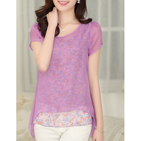 Women's Casual/Daily Simple Summer Blouse,Print Round Neck Short Sleeve Blue / Pink / Green Thin