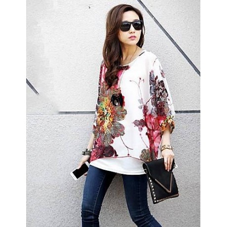 Women's Flower Print Loose Blouse & Vest,Round Neck