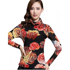 Spring/Fall Women's Casual/Daily Tops Turtleneck Long Sleeve Fashion Floral Printing Gauze Blouse Shirt