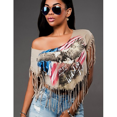 Women's Sexy Print One Shoulder Short Tassel T-shirt/Blouse