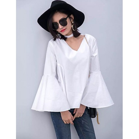 Women's Flare Sleeve Solid White / Black Loose Thin Blouse,Plus Size V Neck Long Sleeve