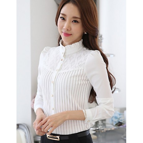 Women's Stand Collar Lace Patchwork Stripe Puff Sleeve Wild Slim Shirt