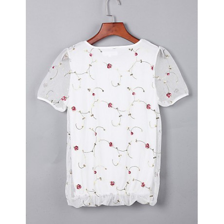 Women's Print White / Black Blouse,Round Neck Short Sleeve