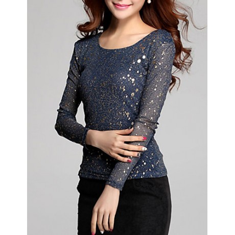 Women's Lace BlueBlack Blouse , Round NeckAsymmetrical Long Sleeve