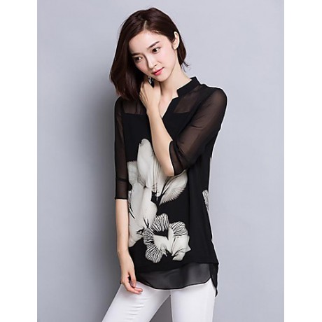 Women's Casual/Daily Plus Size / Street chic Summer Blouse,Floral V Neck ? Sleeve Black Polyester Thin