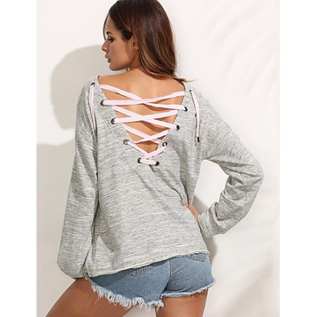 Women's Casual/Daily Street chic Spring / Fall T-shirtSolid Round Neck Long Sleeve Gray Cotton Medium