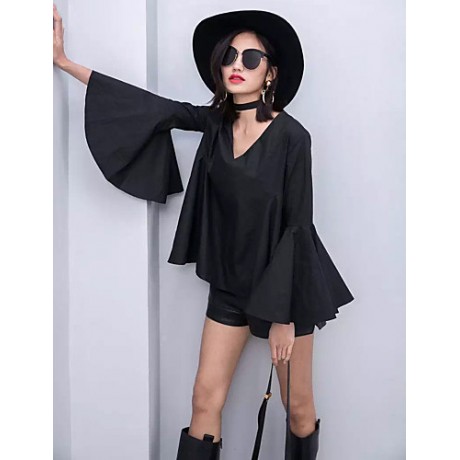 Women's Flare Sleeve Solid White / Black Loose Thin Blouse,Plus Size V Neck Long Sleeve