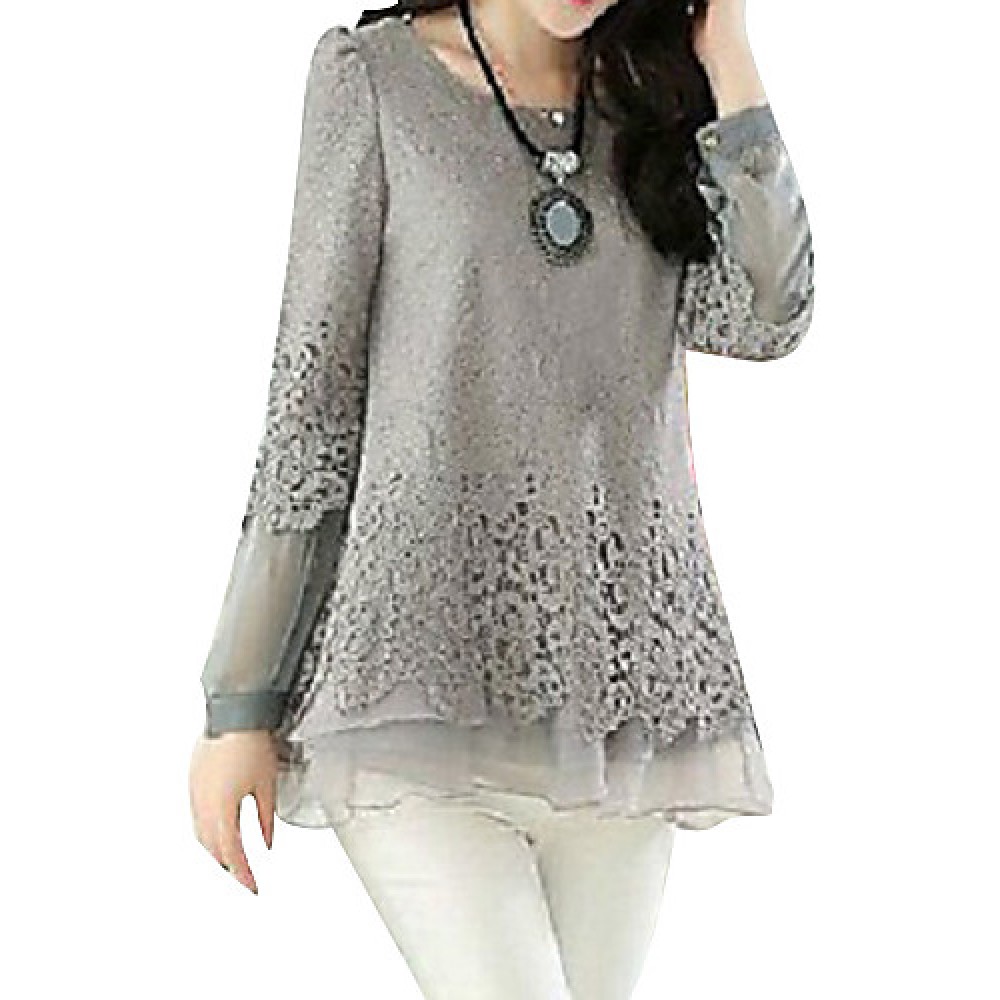 Women's Patchwork Black/Beige/Gray Blouse,Casual Round Neck Long Sleeve Hollow Out