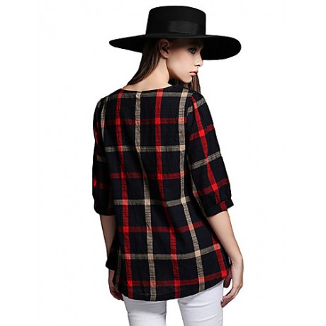 Women Ladies Blouse Plaid Print O Neck 3/4 Sleeve Plus Size Casual Loose Vintage Shirt Tops