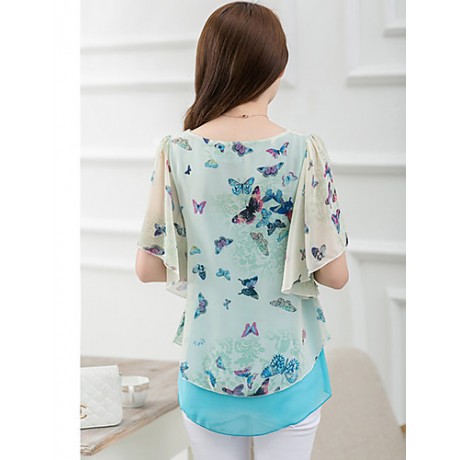 Women's Going out Simple / Street chic Blouse,Floral Round Neck Short Sleeve Blue / Pink Polyester Thin