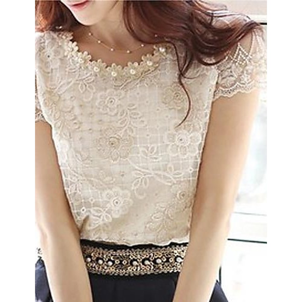 Women's Cute Beaded Neck Embroidered Lace and Mesh Top