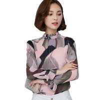 Spring Fall Go out Casual Women's Tops Fashion Wild Pink Printing Stand Collar Long Sleeve Chiffon Blouse