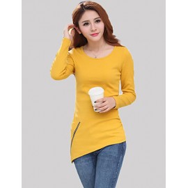 Women's Casual/Daily Simple Fall T-shirtSolid Round Neck Long Sleeve Black / Yellow Cotton Medium